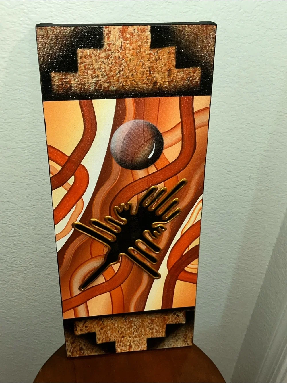Original Peruvian Triptych Artist Signed Orange/Black/Gold Paint on Canvas 7x21